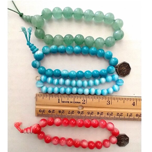 Set Of 4 Stone Elastic Bracelets Feng Shui I-Ching Vintage -  Red Blue Green - Picture 8 of 9